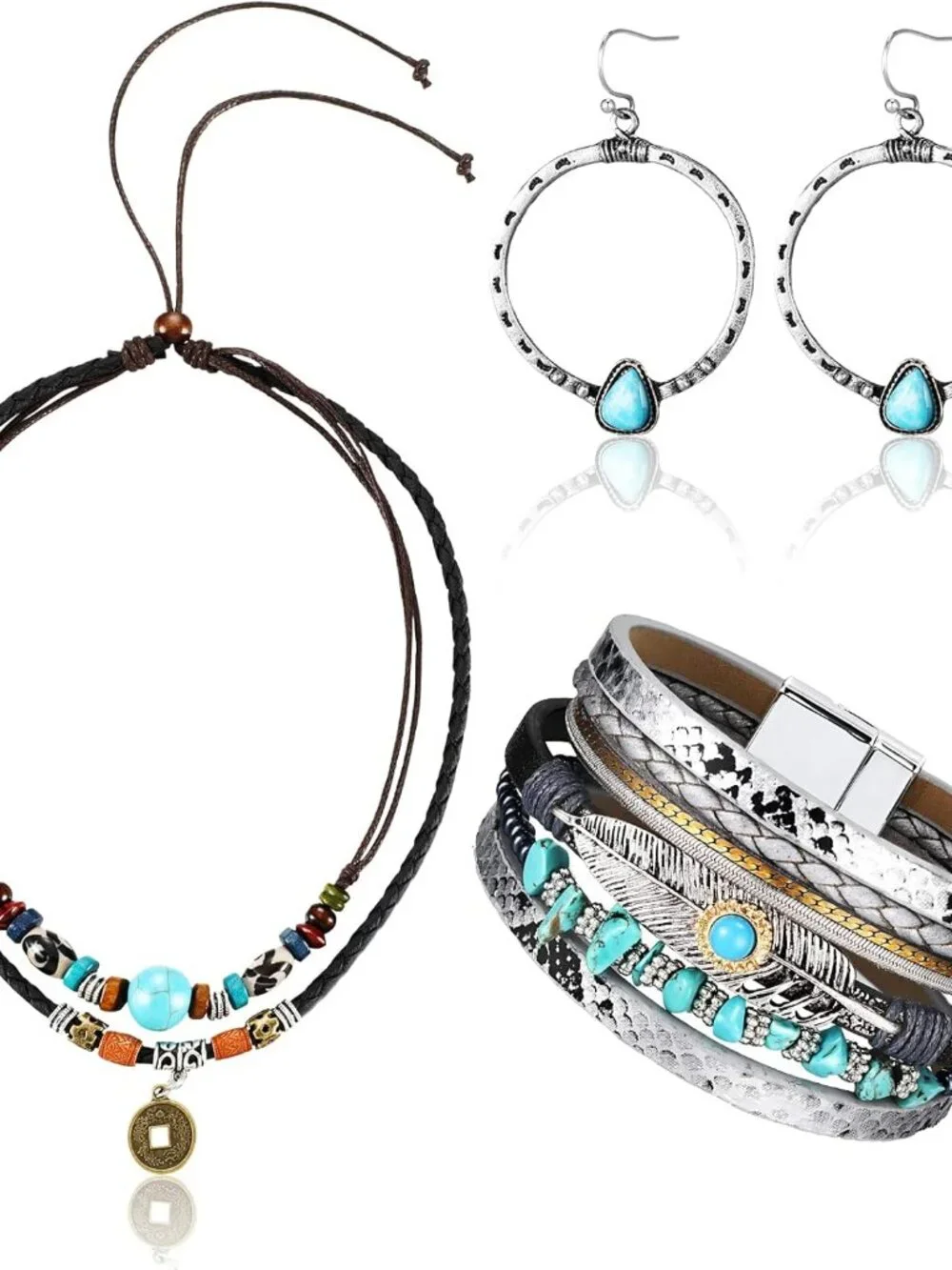 4 Pieces Western Jewelry for Women Christmas Bohemian Turquoise Pendant Choker N